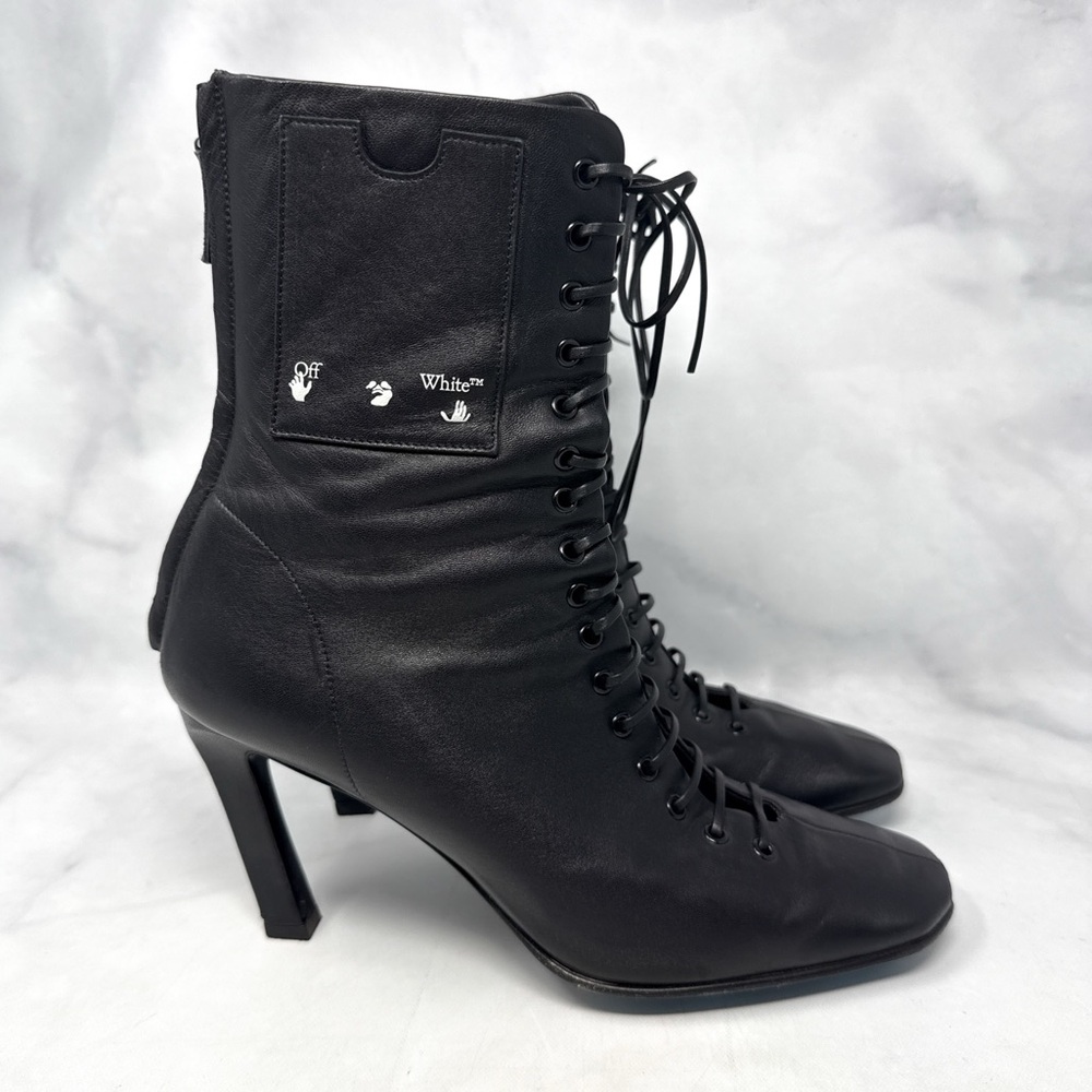 OFF-WHITE Leather Lace Up Card Holder Logo Heeled Ankle Boot Black Streetwear 36